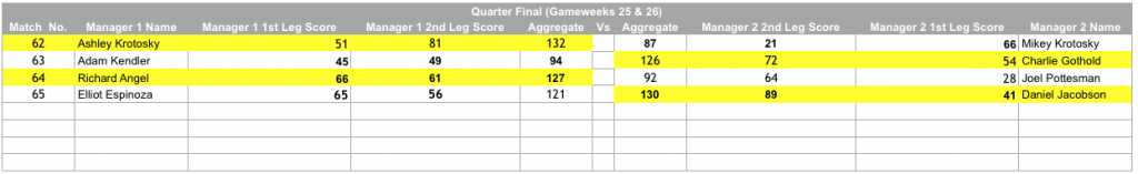 Quarter Final (Gameweeks 25 & 26) results